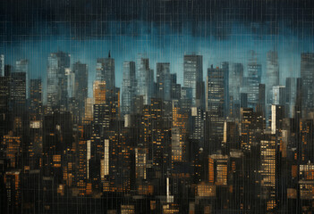 a city skyline in a painted style as seen through a fine window screen
