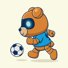 Cartoon cute bear robot playing soccer, vector icon illustration
