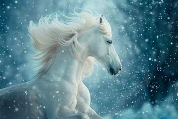 Obraz na płótnie Canvas white Friesian stallion galloping field.