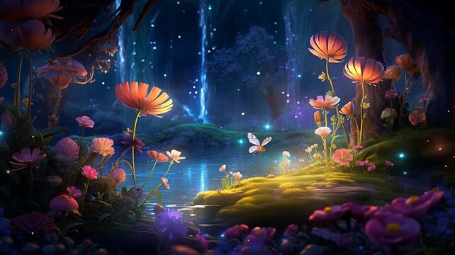 Mysterious mystical forest illuminated fireflies photography image Ai generated art