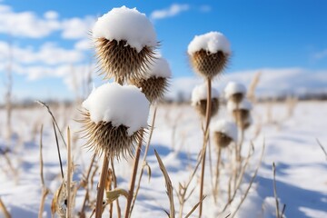 Dry thistle flowers covered with hoarfrost on a background of blue sky