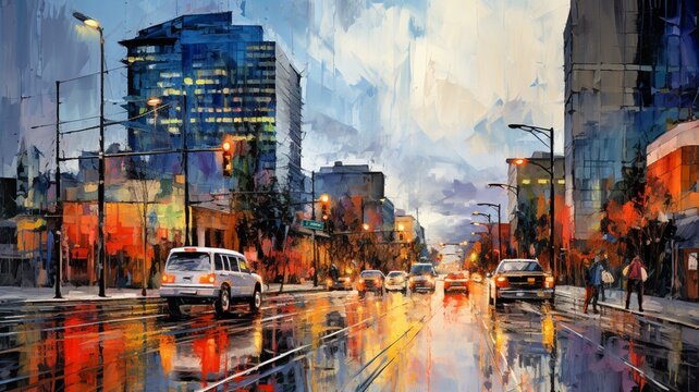 Neo expressionist cityscape painting downtown picture Ai generated art