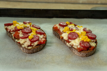 mini pizza with sausage. lecho. food concept.