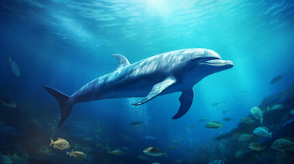 Dolphins swim near the ocean surface. Photo underwater, Beautiful Bottlenose Dolphin underwater, Ai...