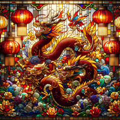 Fototapeta premium Stained glass chinese New year dragon