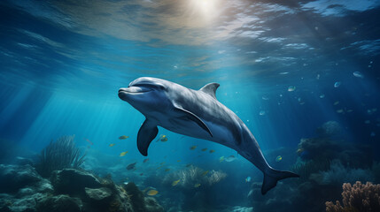 Dolphin swimming under the turquoise blue water, fantasy illustration, Beautiful Bottlenose Dolphin underwater, Ai generated image