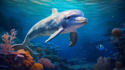 Charming dolphin playing coral reef underwater dreaming sunset hanging water surface, Beautiful Bottlenose Dolphin underwater, Ai generated image