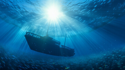 shipwreck in the sea, Submarine in the depths of the sea, sun rays under water, boat ship from underwater blue ocean with sun rays, Ai generated image