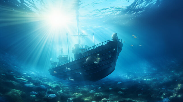 Submarine in the depths of the sea, sun rays under water, boat ship from underwater blue ocean with sun rays, Ai generated image