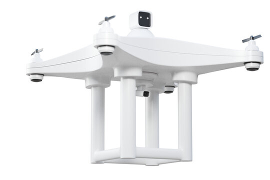 3D Blank white drone or quadrocopter isolated on blue technology background, side view. Empty wireless helicopter flying with parcel box. Clear technology outdoor robot toy for delivery. 3d rendering.