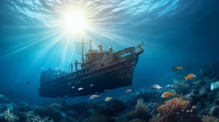 ship wreck in the sea, Submarine in the depths of the sea, sun rays under water, boat ship from underwater blue ocean with sun rays, Ai generated image