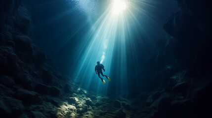 Diver in the underwater, Deep sea scuba diver swimming in a deep ocean cave in rays of light from the surface, Ai generated image 