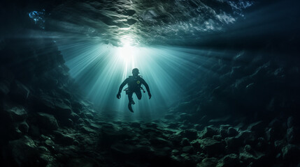 Silhouette of a person in a light, Deep sea scuba diver swimming in a deep ocean cave in rays of light from the surface, Ai generated image  - obrazy, fototapety, plakaty