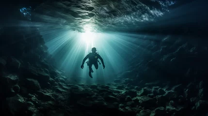 Foto op Aluminium Silhouette of a person in a light, Deep sea scuba diver swimming in a deep ocean cave in rays of light from the surface, Ai generated image  © FH Multimedia