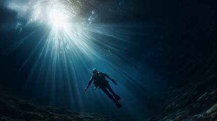 Scuba diver and world, Deep sea scuba diver swimming in a deep ocean cave in rays of light from the surface, Ai generated image 
