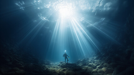 Fototapeta na wymiar Underwater scene with rays of light, Deep sea scuba diver swimming in a deep ocean cave in rays of light from the surface, Ai generated image 