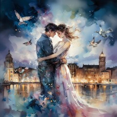 masterpiece, watercolor,panoramic landscape. stunningly beautiful girl resembles  Jang Na-ra  and man  2 persons in love and kiss with a cat,in water,dancing,tattoo,white T-shirt and roman robe by Don - obrazy, fototapety, plakaty