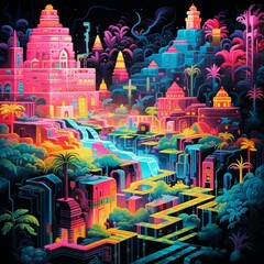 Aztec city of gold neon pink and blues cyberpunk image Ai generated art
