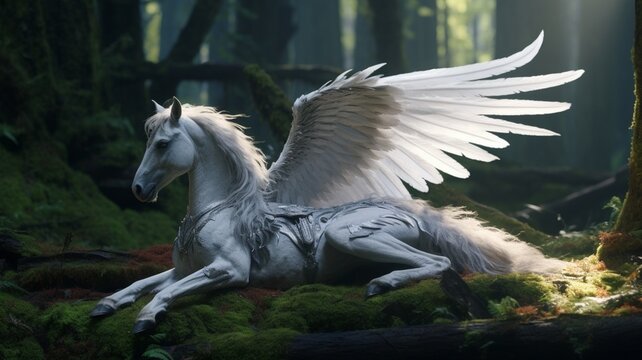 Pegasus laying horses down forest with crossed picture Ai generated art