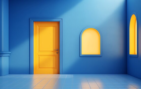 Yellow door with chair and lamp on blue wall. 3d render