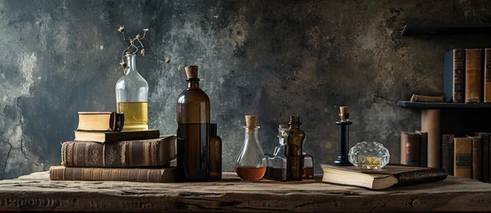 Foto op Canvas a wooden table with books and vintage bottles, vintage glass bottles with dried herbs and books, Old Chinese medical texts and plants on the table Copy space image Place for adding text or design © Nhan