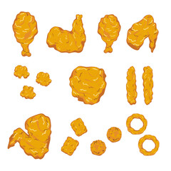 Crispy fried chicken illustration set Chicken breasts, drumsticks, chicken strips, wings, nuggets, strips, bites, shrimp donuts Top side view Crunchy fast food illustration delicious food menu.