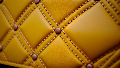 Yellow Close-up texture of genuine leather with Beige rhombic stitching, Ai generated image