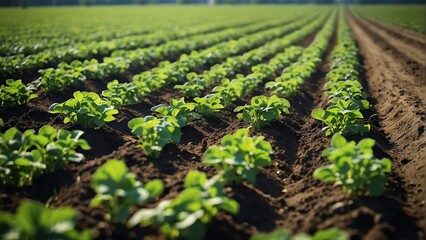 Rows of green young potato plants on a field farm from Generative AI - obrazy, fototapety, plakaty
