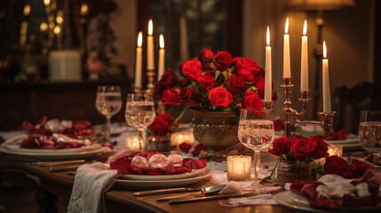 Obraz na płótnie Canvas An ultra high-quality image capturing an elegantly set table with candles, roses, and romantic dinnerware, creating a warm and intimate atmosphere perfect for a Valentine's Day dinner. 
