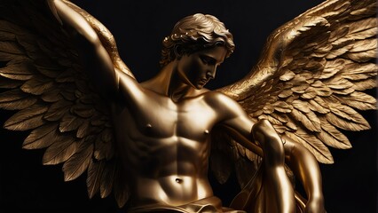 Golden male angel statue on a plain black background from Generative AI - obrazy, fototapety, plakaty