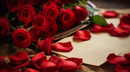 A close-up shot of a handwritten love letter surrounded by vibrant red roses, showcasing the timeless tradition of expressing love through thoughtful words and beautiful flowers.