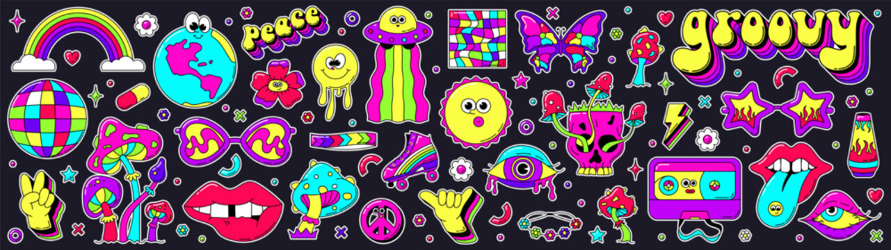 Naklejki Groovy psychedelic neon colored stickers set. Sun Earth smile eye mushroom elements.