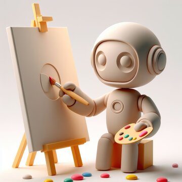 Robot Artist at Work. 3D Illustration of a Girl Robot Painting.