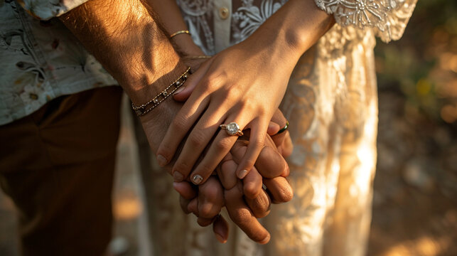 A crystal-clear image of two hands, adorned with wedding rings, delicately holding each other in a gesture of love and commitment, symbolizing the enduring nature of relationships.