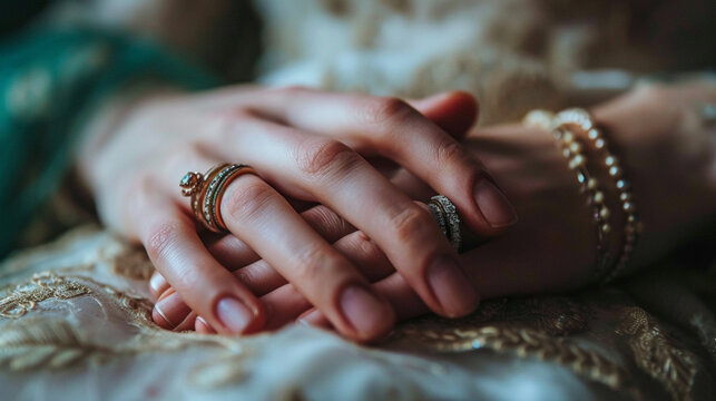 A crystal-clear image of two hands, adorned with wedding rings, delicately holding each other in a gesture of love and commitment, symbolizing the enduring nature of relationships. 