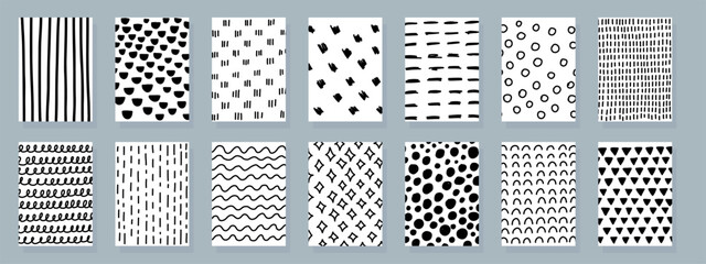 Abstract grunge backgrounds. Vector illustration set. Hand drawn simple doodle texture. Abstract posters with lines, dots, and stars. Black and white colors