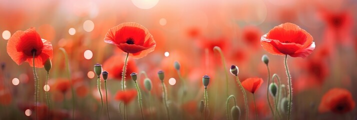 A close-up view of a poppy filed shallow depth photography of beautiful flowers with bokeh background. Floral banner