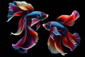 Dual Siamese Fighting Fish or Betta Fish in motion isolated on black background. The fish is a vibrant colorful