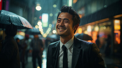 Asian man, thinking and businessman with night, city and professional entrepreneur in street. Happy, smiling and urban town with Japanese male wearing a business suit for leadership and bokeh success - obrazy, fototapety, plakaty