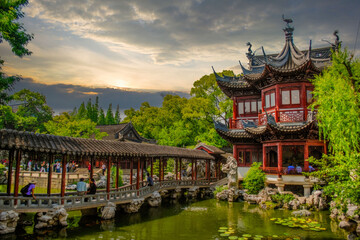 Traditional Chinese Pavilion, at Sunset, in a Serene Garden Landscape