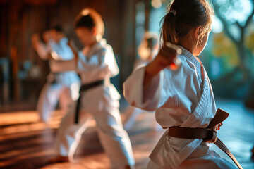 Kids practicing karate in a gym. 
 - Powered by Adobe