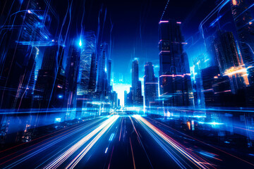 Futuristic cityscape of the Metaverse with skyscrapers, neon lights, and virtual modes of transportation with light trails.