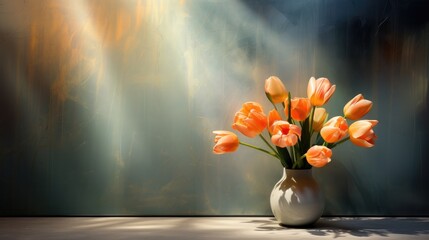 Orange Tulips in vase on background with empty place. Spring bouquet with wall and window shadow copy space for Mother's or Women's Day. Minimalistic vintage design and pastel colors - obrazy, fototapety, plakaty