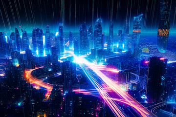 Fototapeta na wymiar Futuristic cityscape of the Metaverse with skyscrapers, neon lights, and virtual modes of transportation with light trails.