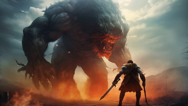 Path of berserker versus large monster, A warrior hailing from a distant land far from the comforts of civilization, hazy nostalgic