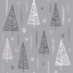 Nordic Scandinavian seamless pattern with trees in neutral gray tones, geometric simple shapes, arrows, dotted lines, straight shapes, triangle, vector graphics