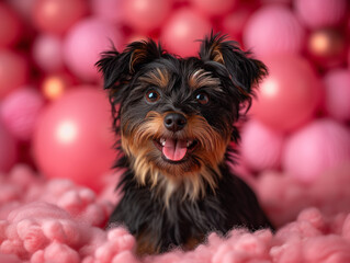 A dog celebrating with pink balloons