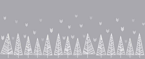 Nordic Scandinavian horizontal banner with trees in neutral gray tones, geometric simple shapes, arrows, dotted lines, straight shapes, triangle, vector graphics - obrazy, fototapety, plakaty