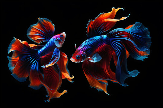 Siamese Fighting Fish or Betta Fish in motion isolated on black background. The fish is a vibrant colorful