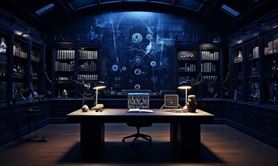 Light black and indigo styled data room, chicago imagination master, intelligence core, romantic...